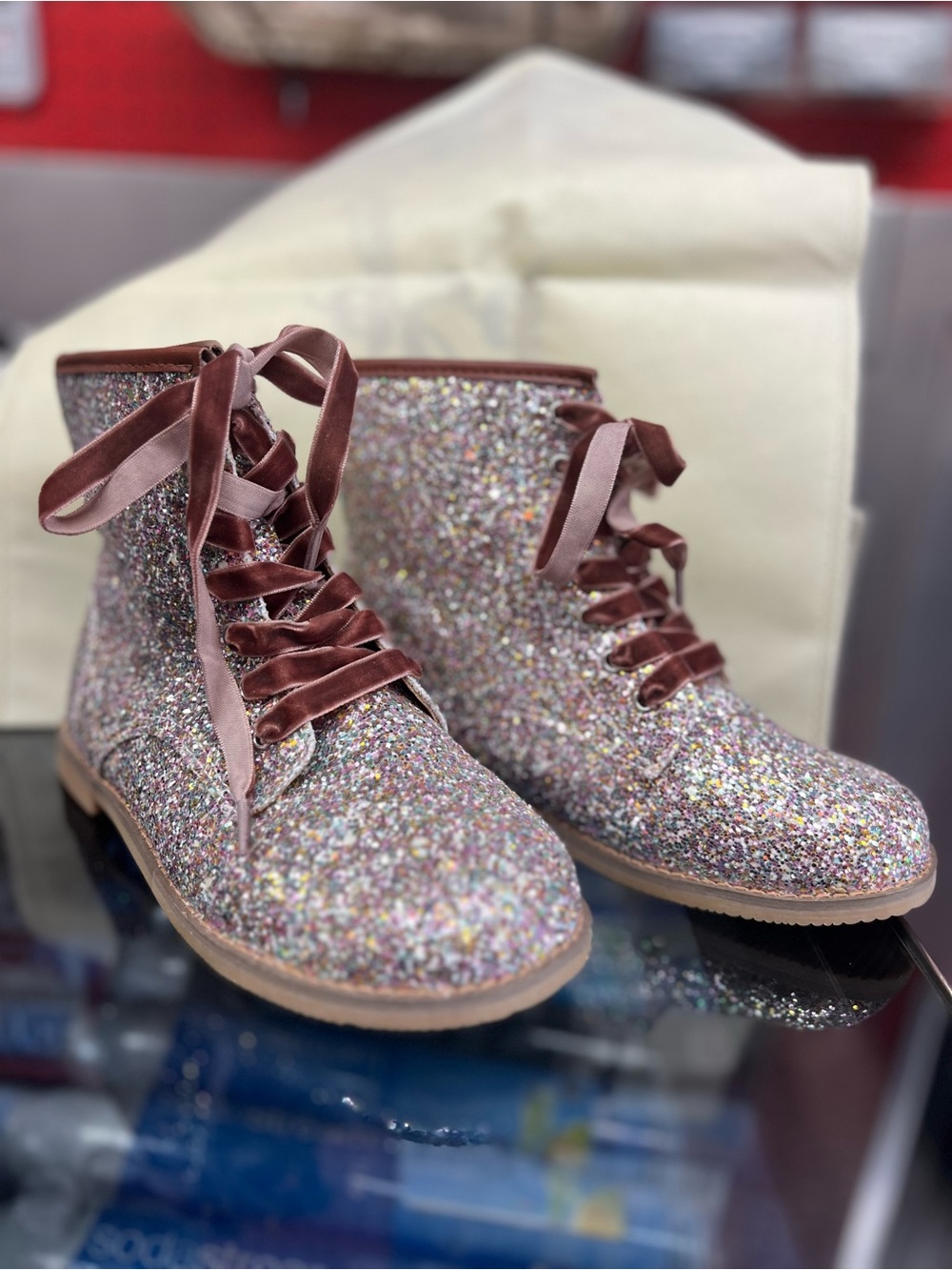 Kids Glitter Lace-Up Ankle Boots - Pink
